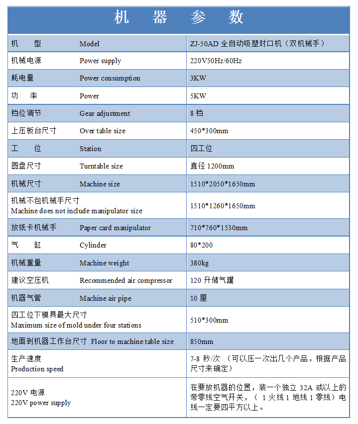 手機殼包裝自動吸塑機參數(shù)表